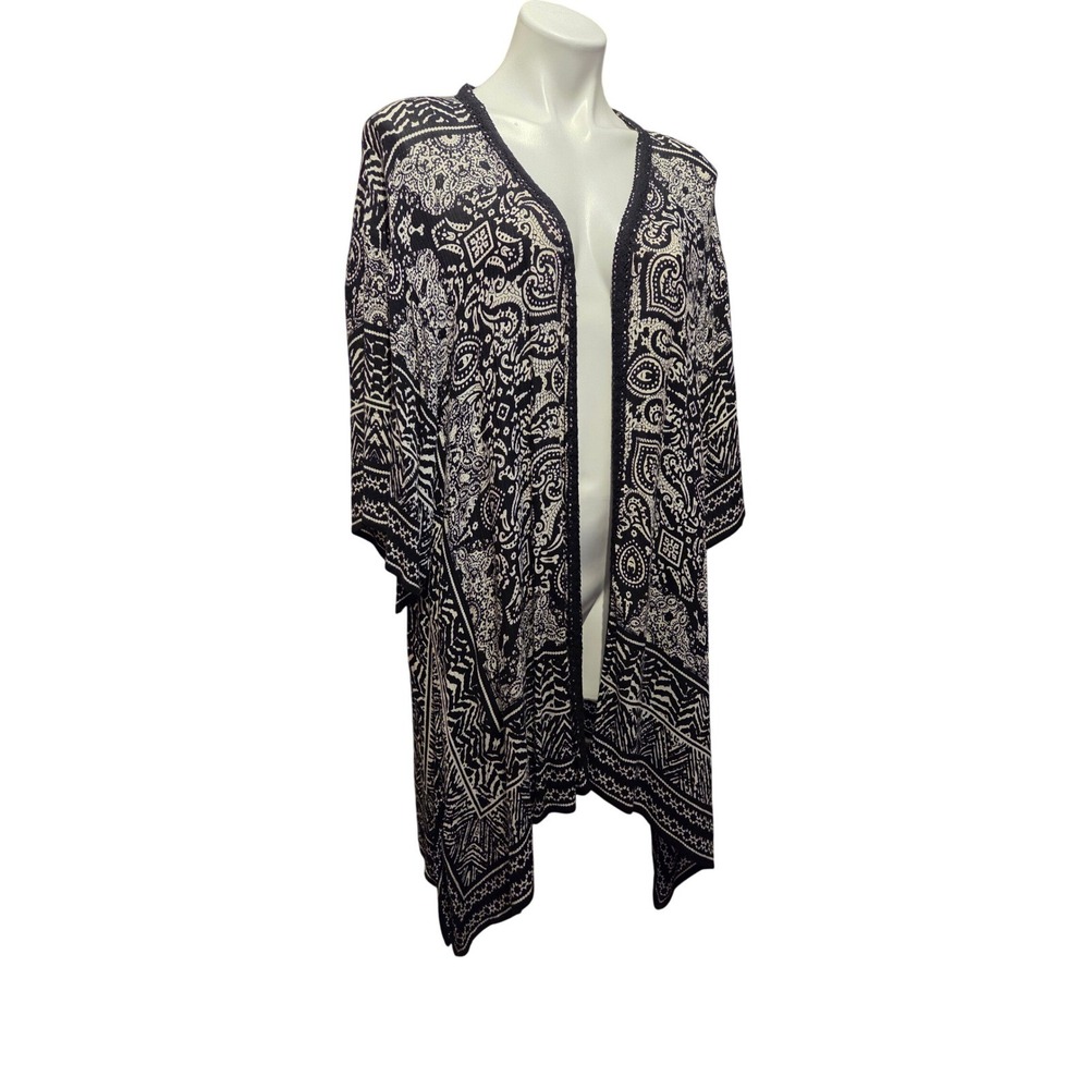 Bilo Black White Paisley Print Kimono Cardigan Open Front Lightweight